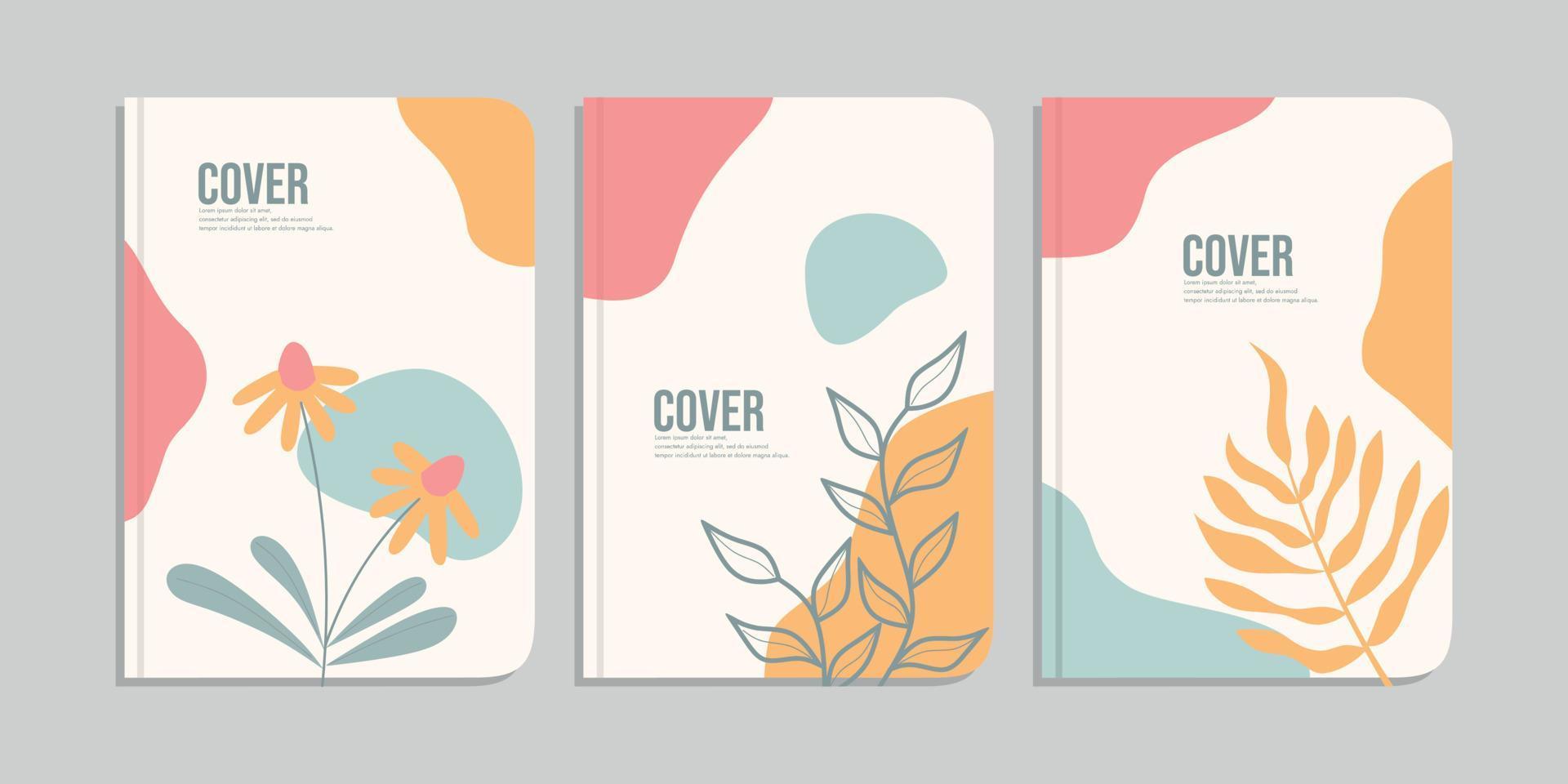 set of book cover designs with hand drawn floral decorations. abstract retro botanical background.size A4 For notebooks, diary, invitation, planners, brochures, books, catalogs vector