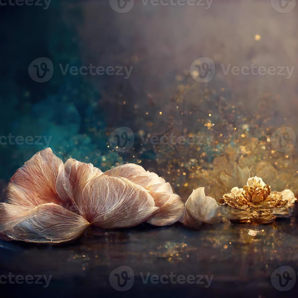 Magic fairy tale luxury background with golden flowers pollen light effects. 3D illustration. Ai render. photo