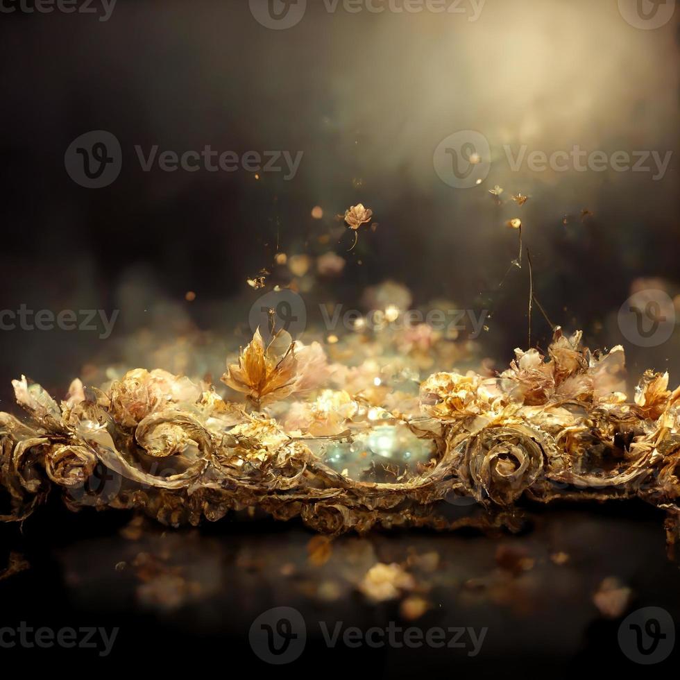 Magic fairy tale luxury background with golden flowers pollen light effects. 3D illustration. Ai render. photo