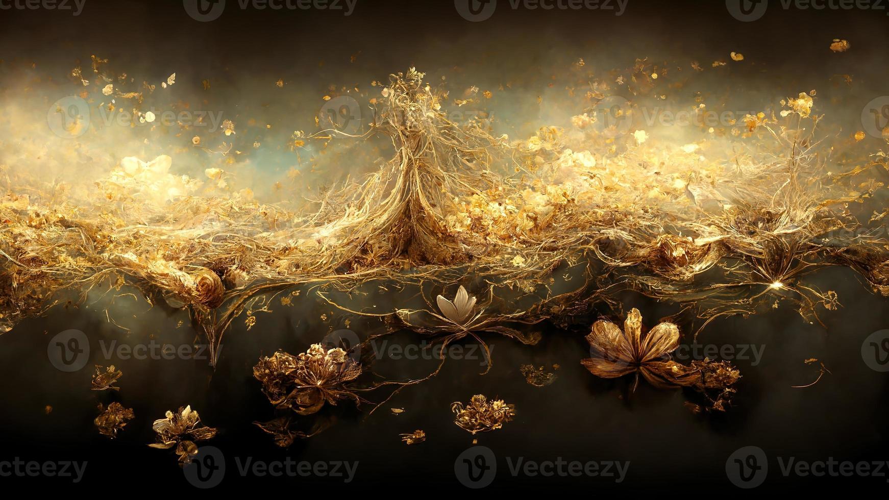 Magic fairy tale luxury background with golden flowers pollen light effects. 3D illustration. Ai render. photo