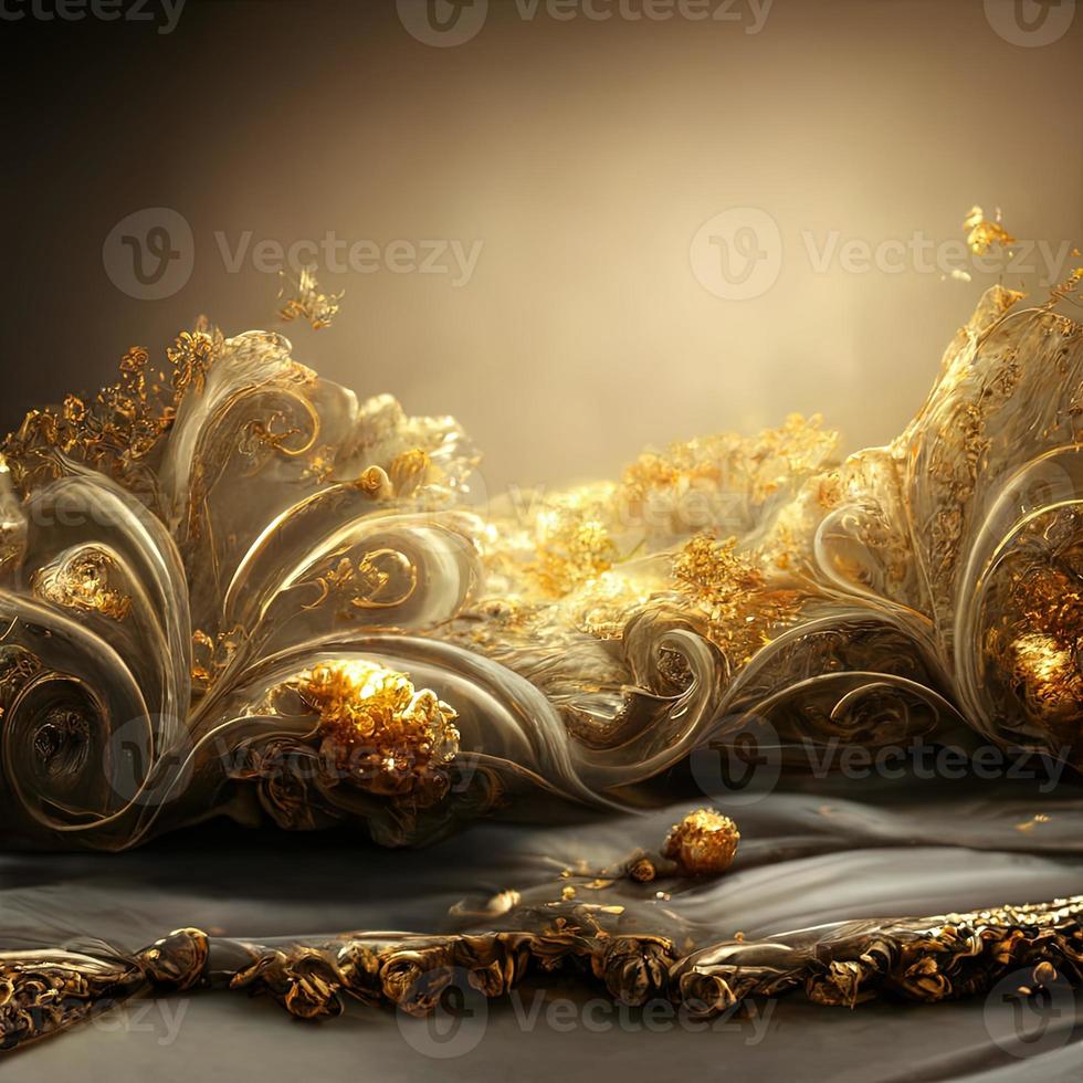 Magic fairy tale luxury background with golden flowers pollen light effects. 3D illustration. Ai render. photo