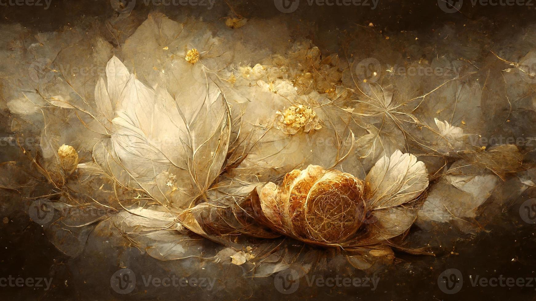 Magic fairy tale luxury background with golden flowers pollen light effects. 3D illustration. Ai render. photo