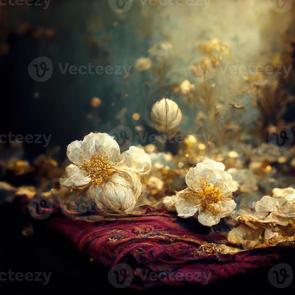 Magic fairy tale luxury background with golden flowers pollen light effects. 3D illustration. Ai render. photo