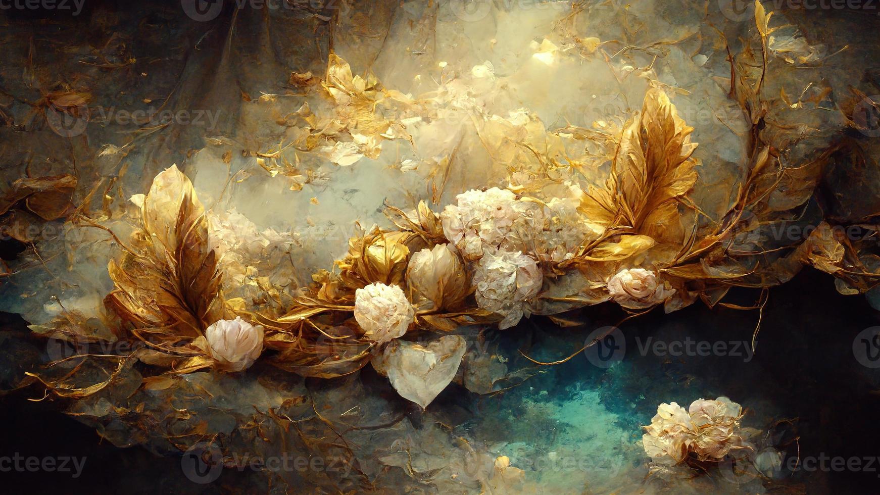 Magic fairy tale luxury background with golden flowers pollen light effects. 3D illustration. Ai render. photo