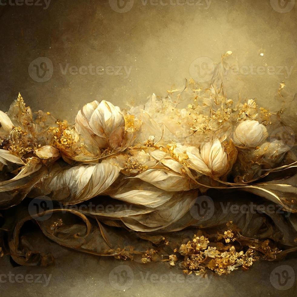 Magic fairy tale luxury background with golden flowers pollen light effects. 3D illustration. Ai render. photo
