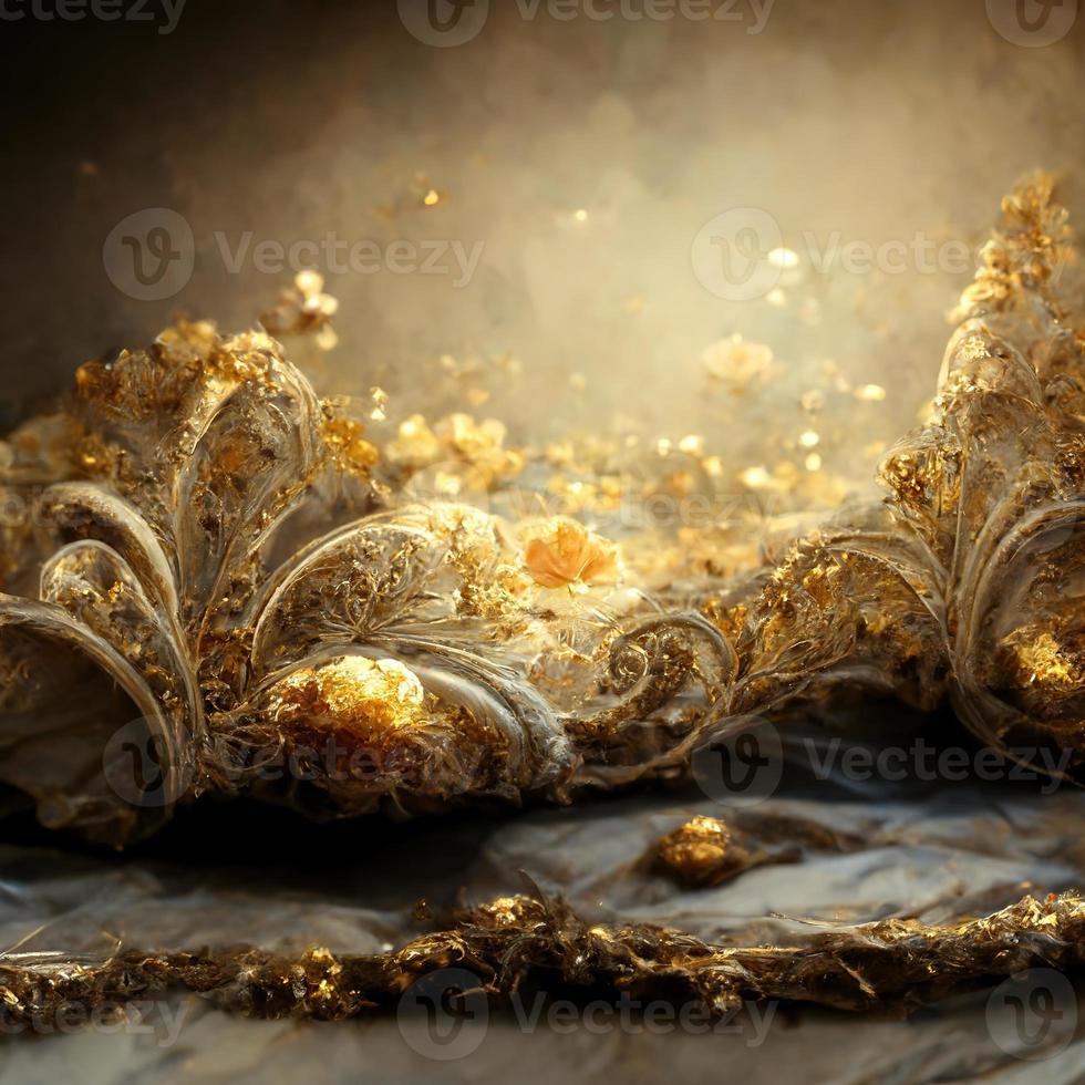 Magic fairy tale luxury background with golden flowers pollen light effects. 3D illustration. Ai render. photo