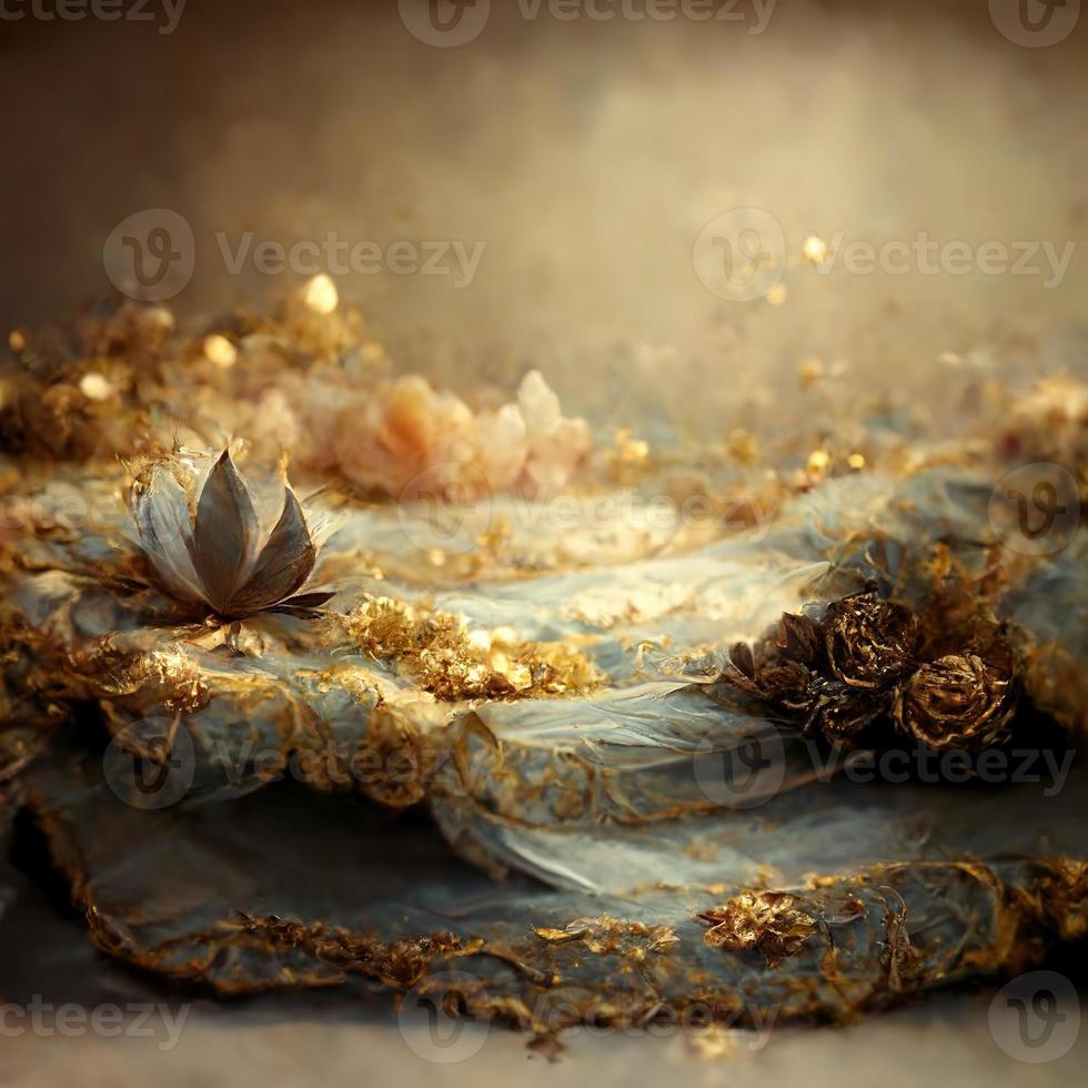 Magic fairy tale luxury background with golden flowers pollen light effects. 3D illustration. Ai render. photo