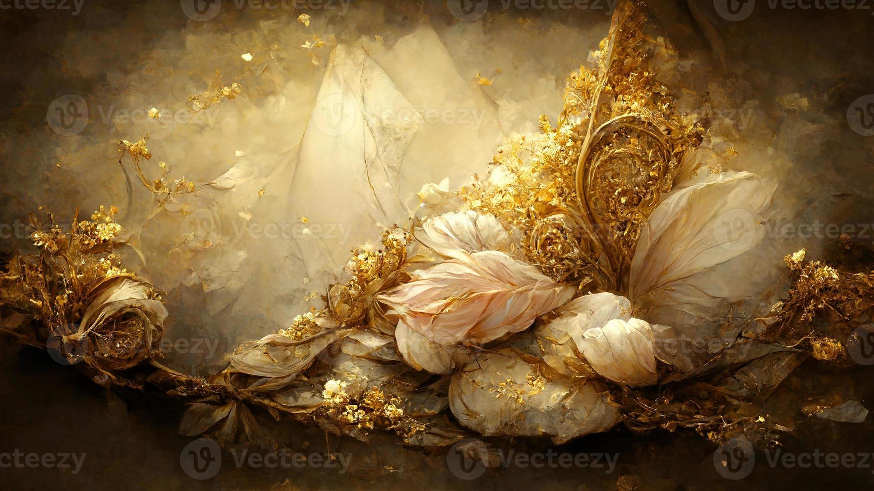 Magic fairy tale luxury background with golden flowers pollen light effects. 3D illustration. Ai render. photo