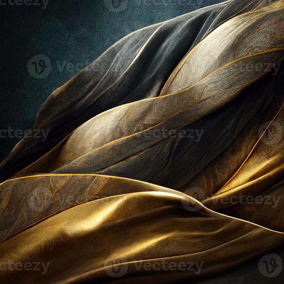 3D illustration. Black and golden streaming fabric. Flowing silky textured  cloth. Luxury background. Ai rendering. photo
