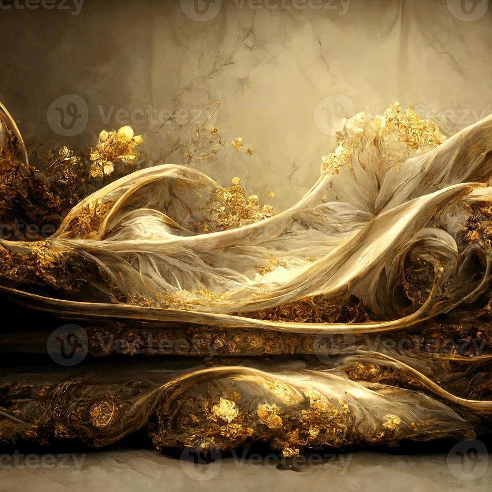 Magic fairy tale luxury background with golden flowers pollen light effects. 3D illustration. Ai render. photo