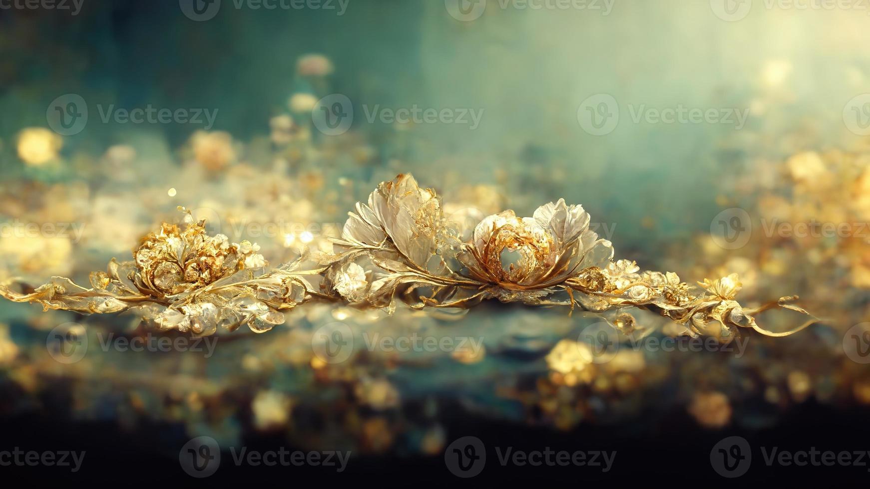 Delicate fabulous turquoise luxury background with magic flowers jewels and light effects. 3D illustration. Ai render photo