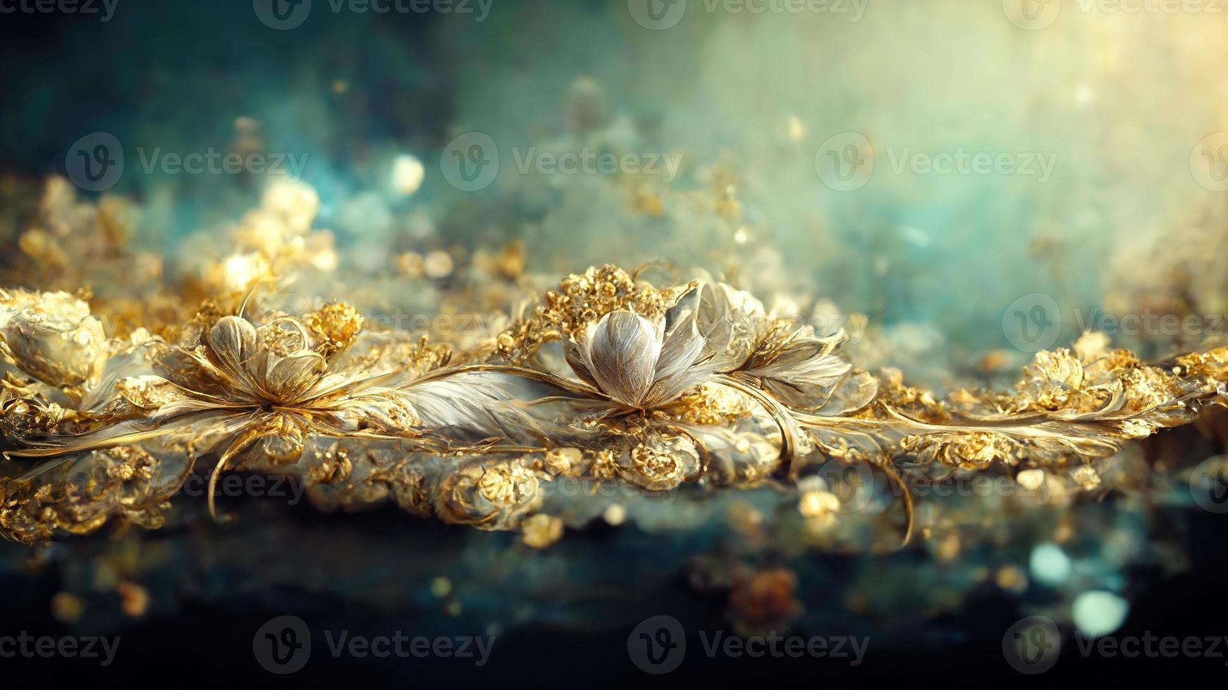 Delicate fabulous turquoise luxury background with magic flowers jewels and light effects. 3D illustration. Ai render photo