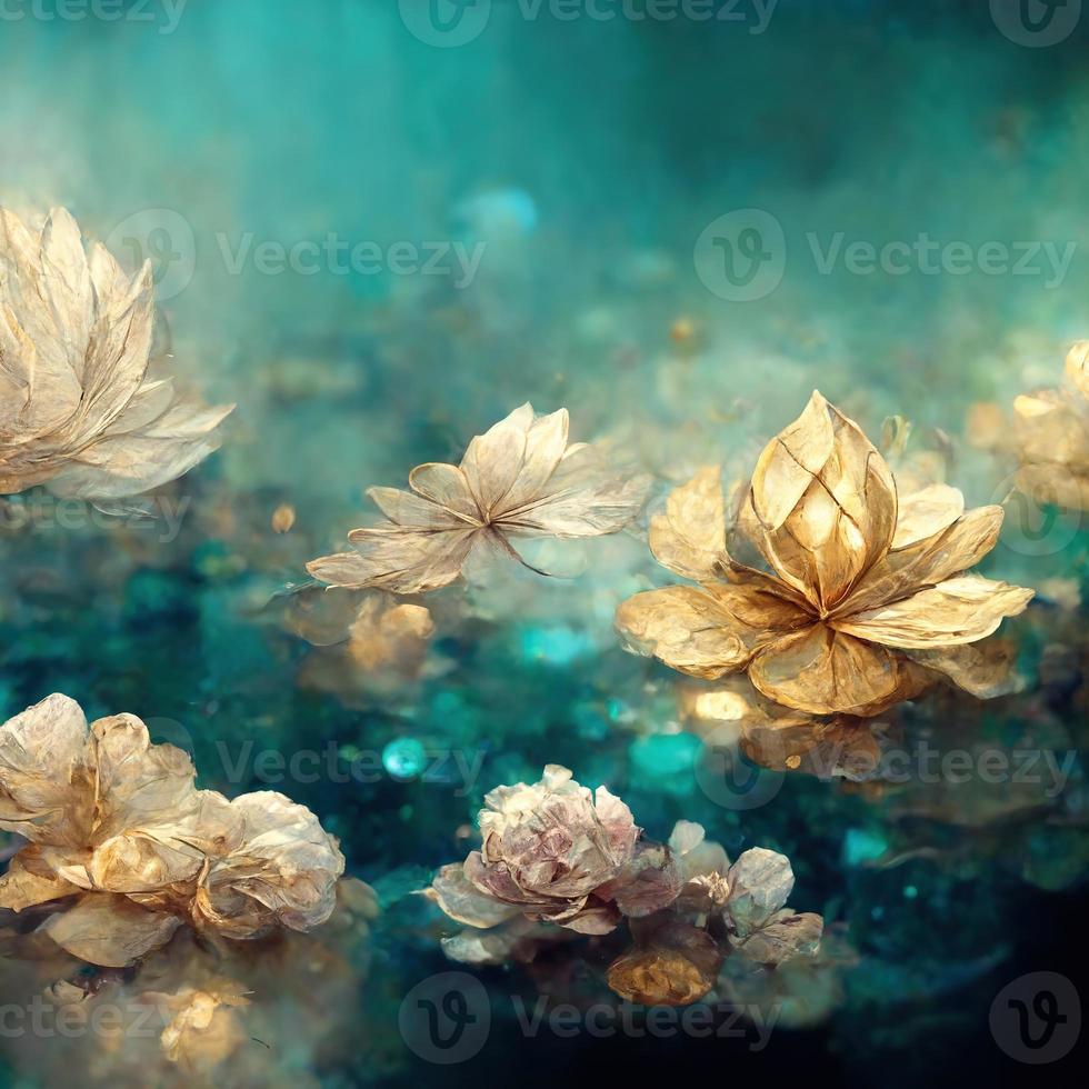 Delicate fabulous turquoise luxury background with magic flowers jewels and light effects. 3D illustration. Ai render photo