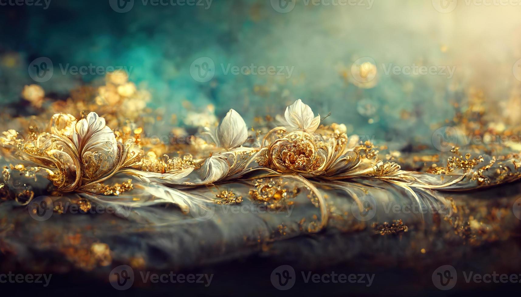 Delicate fabulous turquoise luxury background with magic flowers jewels and light effects. 3D illustration. Ai render photo