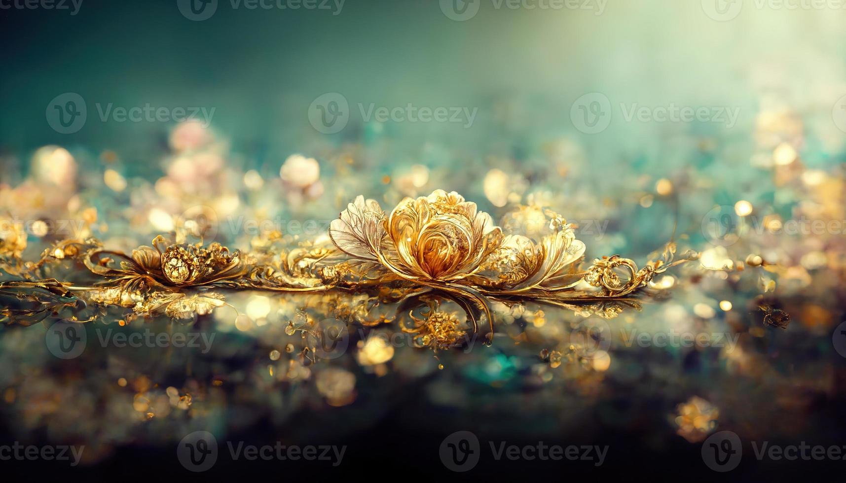 Delicate fabulous turquoise luxury background with magic flowers jewels and light effects. 3D illustration. Ai render photo