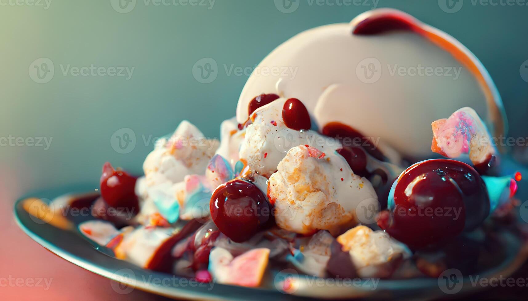 apetitoso postre con hielo crema con frutas y bayas. ai generado foto