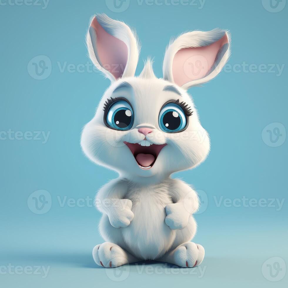 Realistic 3D rendering of a happy, fluffy and cute rabbit smiling with big eyes looking straight at you. Created with photo