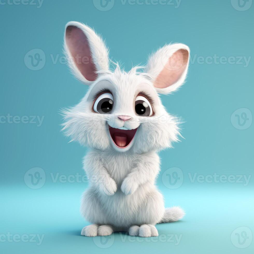 Realistic 3D rendering of a happy, fluffy and cute hare smiling with big eyes looking straight at you. Created with photo