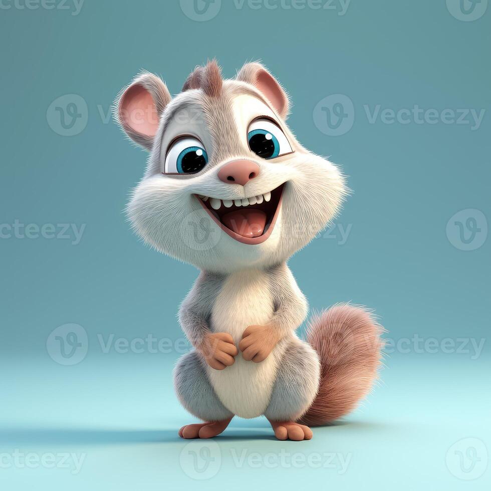 Realistic 3D rendering of a happy, fluffy and cute squirrel smiling with big eyes looking straight at you. Created with photo