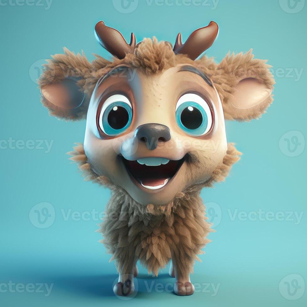 Realistic 3D rendering of a happy, fluffy and cute elk smiling with big eyes looking straight at you. Created with photo