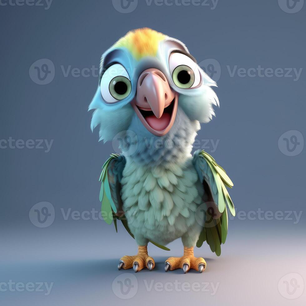 Realistic 3D rendering of a happy, fluffy and cute parrot smiling with big eyes looking straight at you. Created with photo