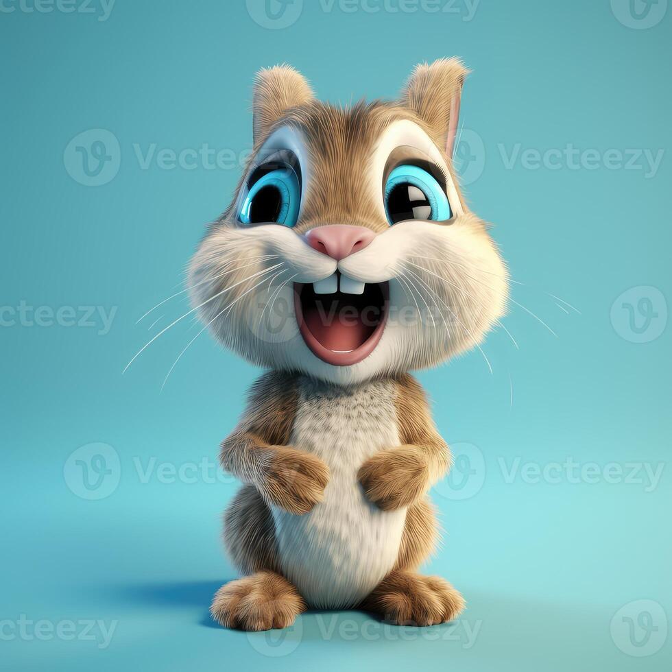 Realistic 3D rendering of a happy, fluffy and cute squirrel smiling with big eyes looking straight at you. Created with photo