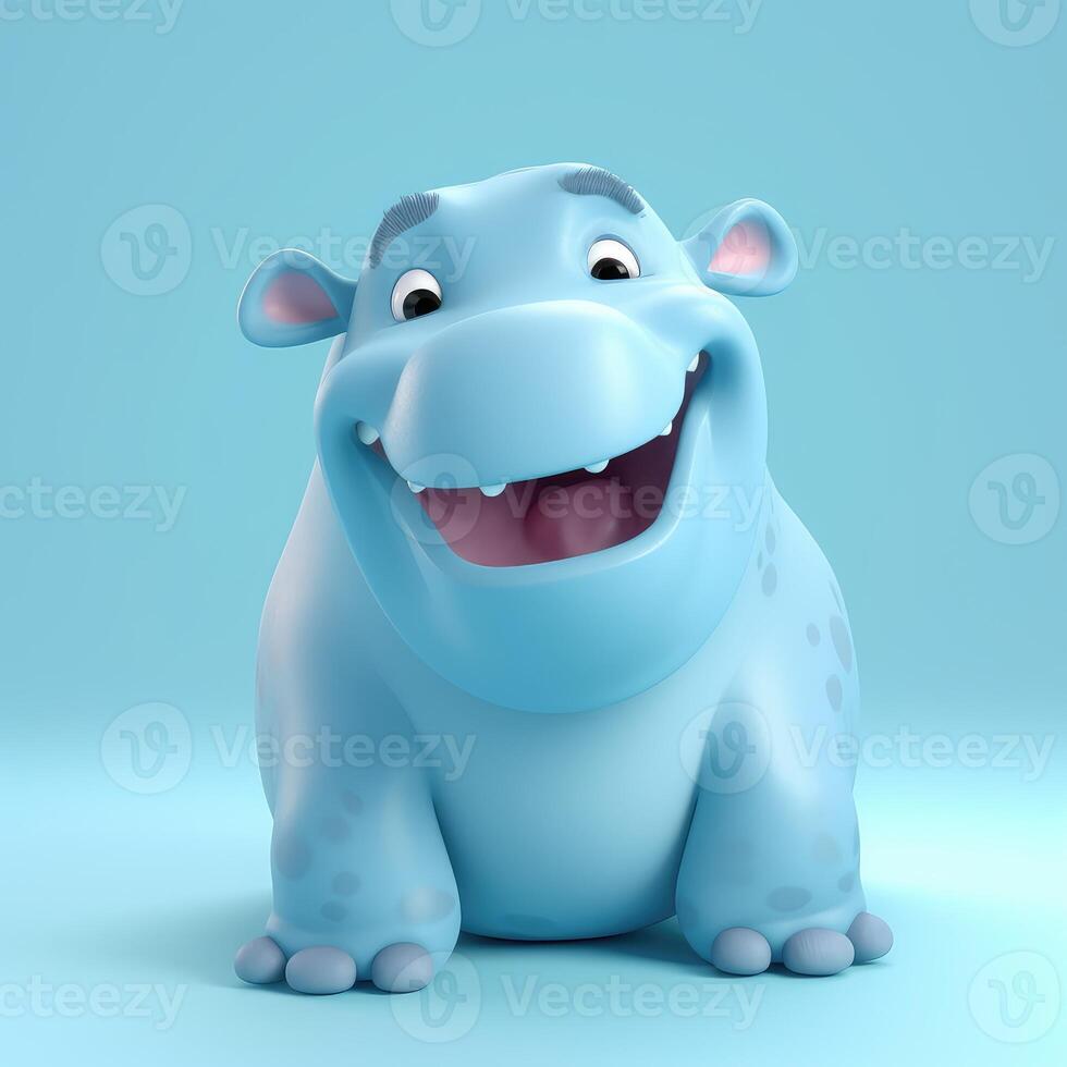 Realistic 3D rendering of a happy, fluffy and cute hippo smiling with big eyes looking straight at you. Created with photo