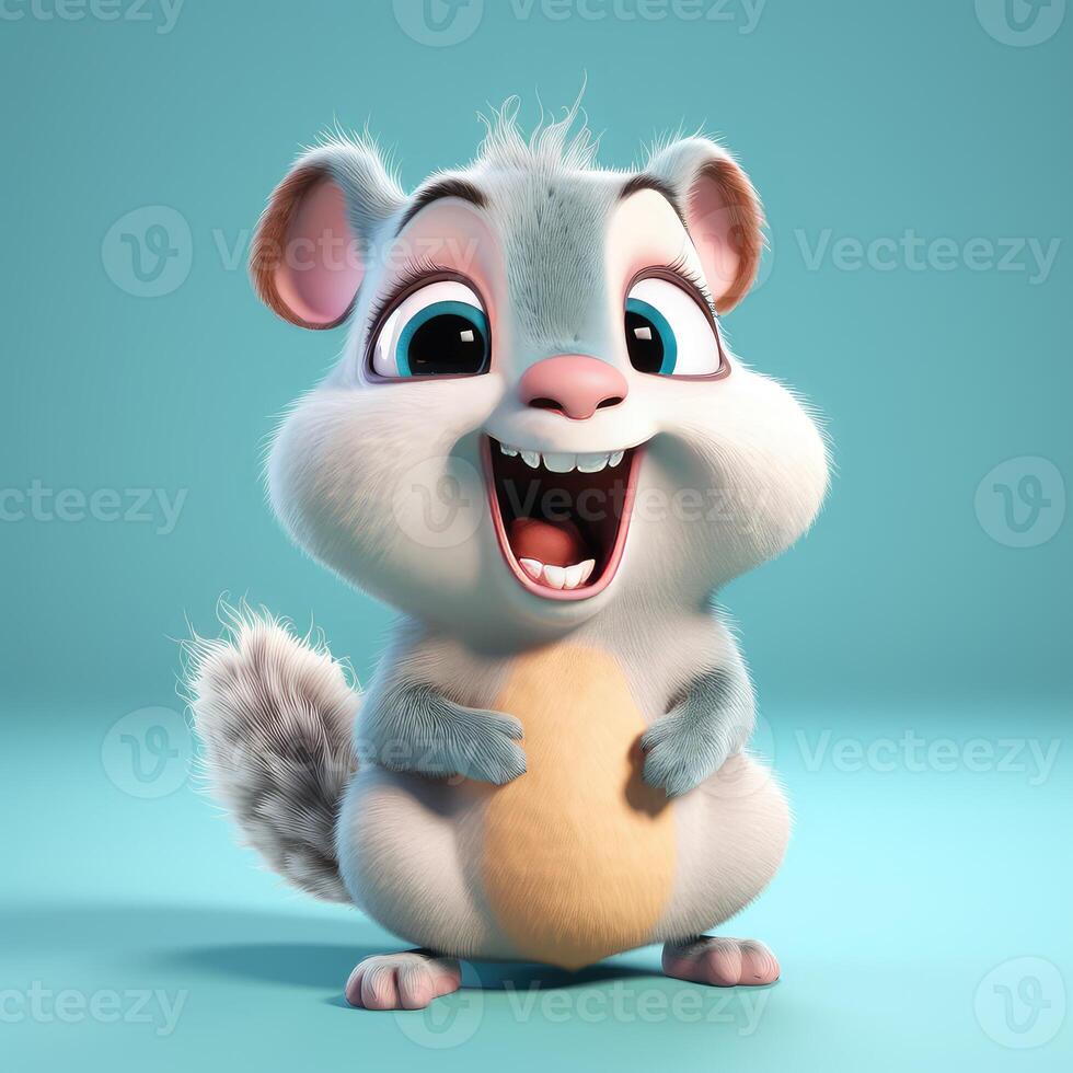 Realistic 3D rendering of a happy, fluffy and cute squirrel smiling with big eyes looking straight at you. Created with photo