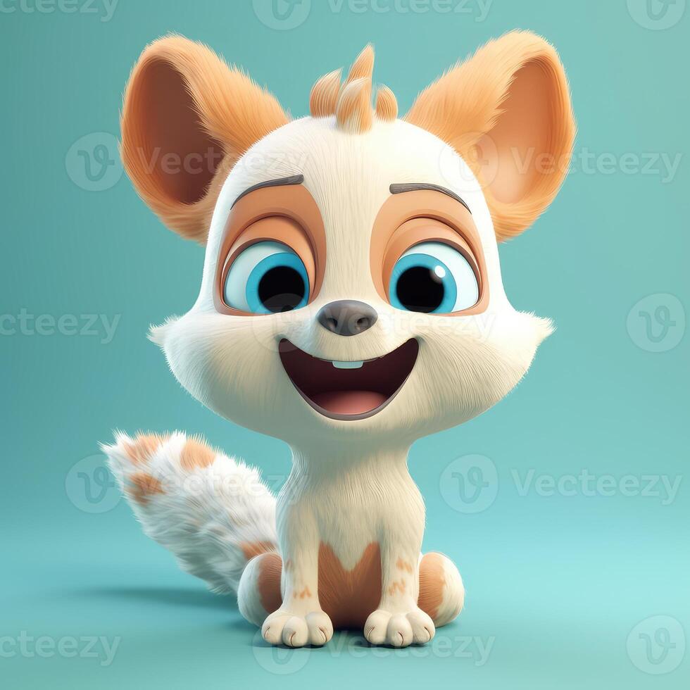 Realistic 3D rendering of a happy, fluffy and cute fox smiling with big eyes looking straight at you. Created with photo
