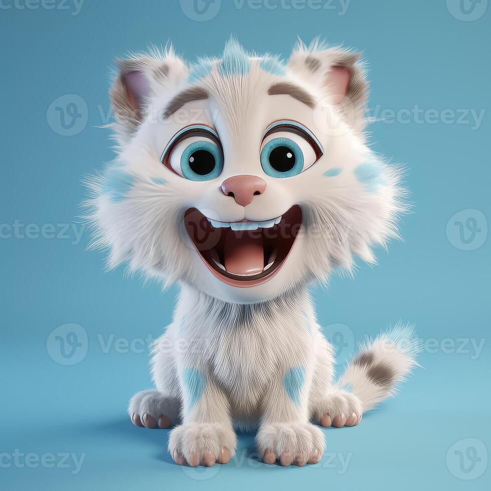 Realistic 3D rendering of a happy, fluffy and cute lynx smiling with big eyes looking straight at you. Created with photo