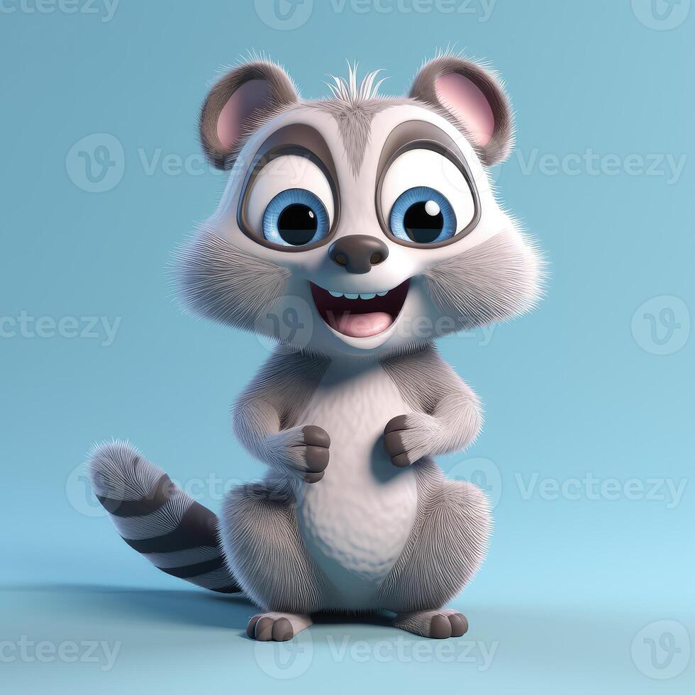 Realistic 3D rendering of a happy, fluffy and cute raccoon smiling with big eyes looking straight at you. Created with photo