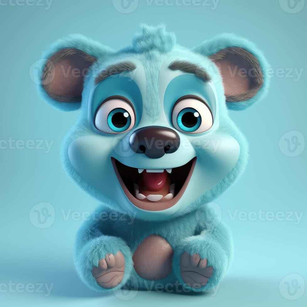 Realistic 3D rendering of a happy, fluffy and cute bear smiling with big eyes looking straight at you. Created with photo