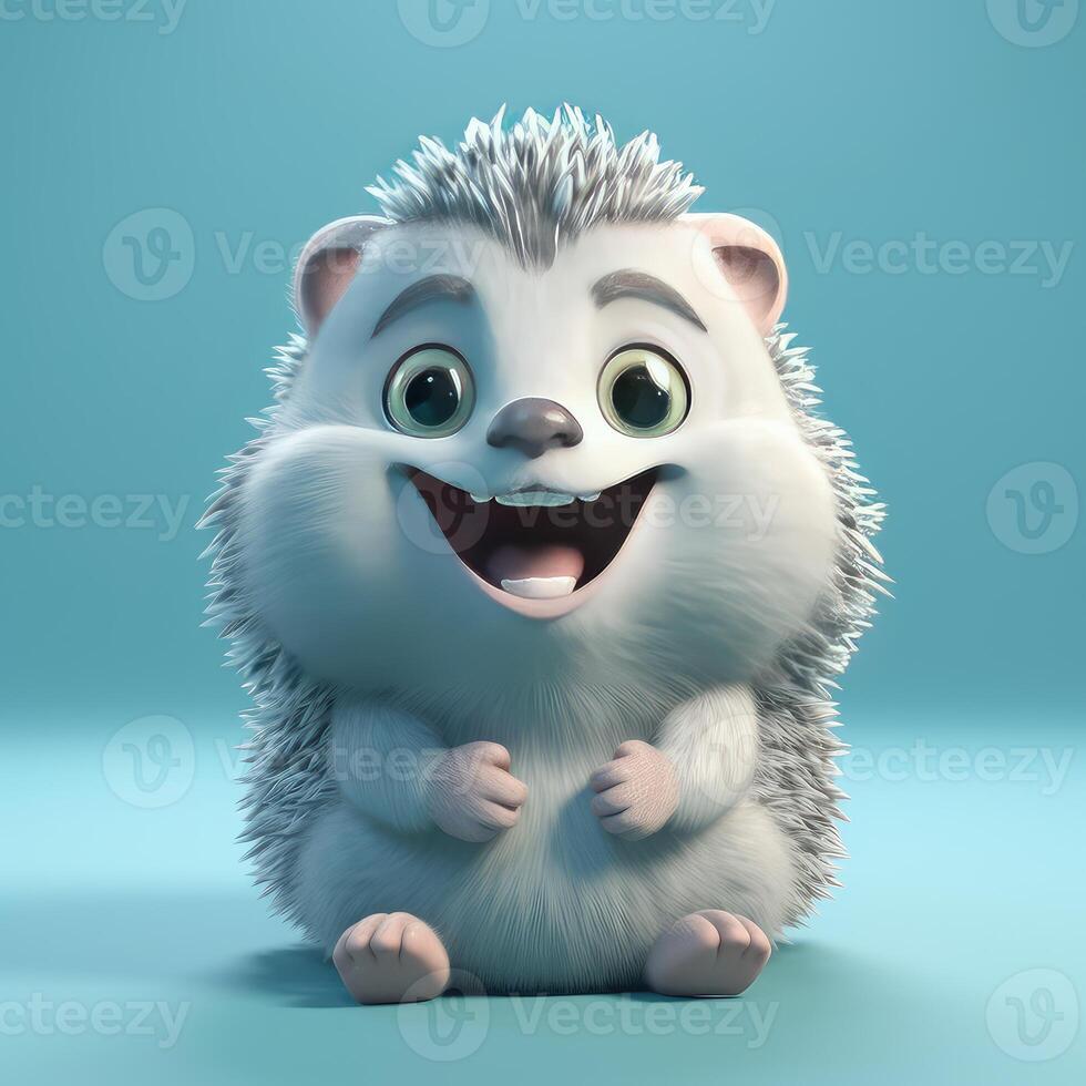 Realistic 3D rendering of a happy, fluffy and cute hedgehog smiling with big eyes looking straight at you. Created with photo