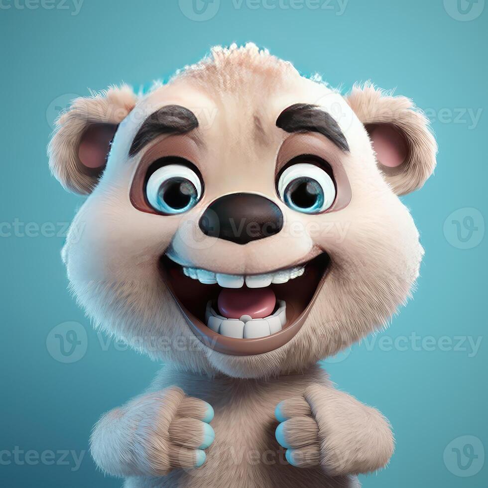 Realistic 3D rendering of a happy, fluffy and cute bear smiling with big eyes looking straight at you. Created with photo