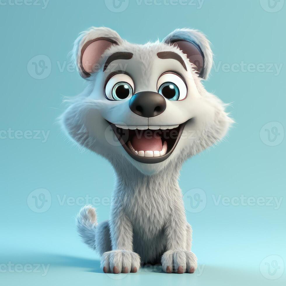 Realistic 3D rendering of a happy, fluffy and cute wolf smiling with big eyes looking straight at you. Created with photo