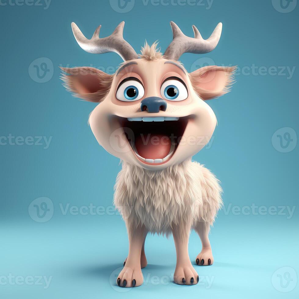 Realistic 3D rendering of a happy, fluffy and cute elk smiling with big eyes looking straight at you. Created with photo