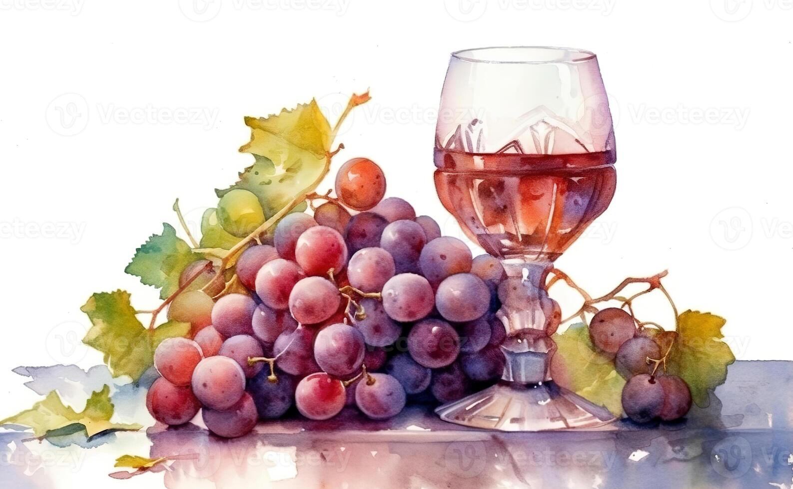 Watercolor image of a glass of wine with red grapes around. . photo
