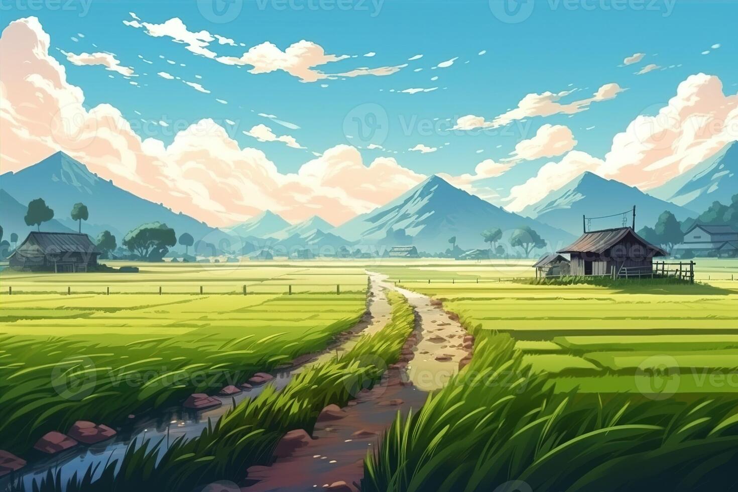 Beautiful illustration of a meadow with a wooden house in a mountain valley in anime style. . photo