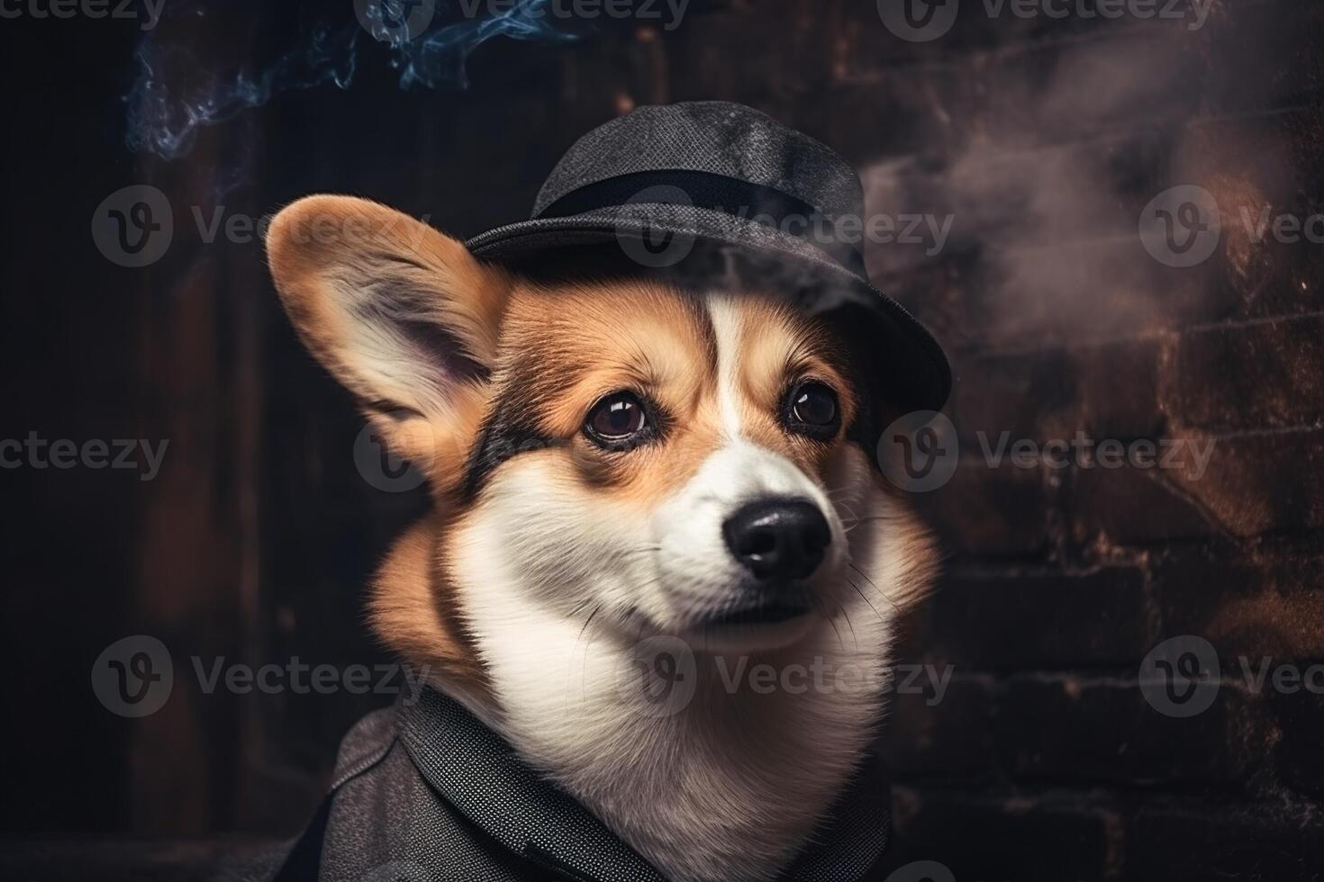 Portrait of a corgi in a black hat and coat on a black brick wall background. . photo