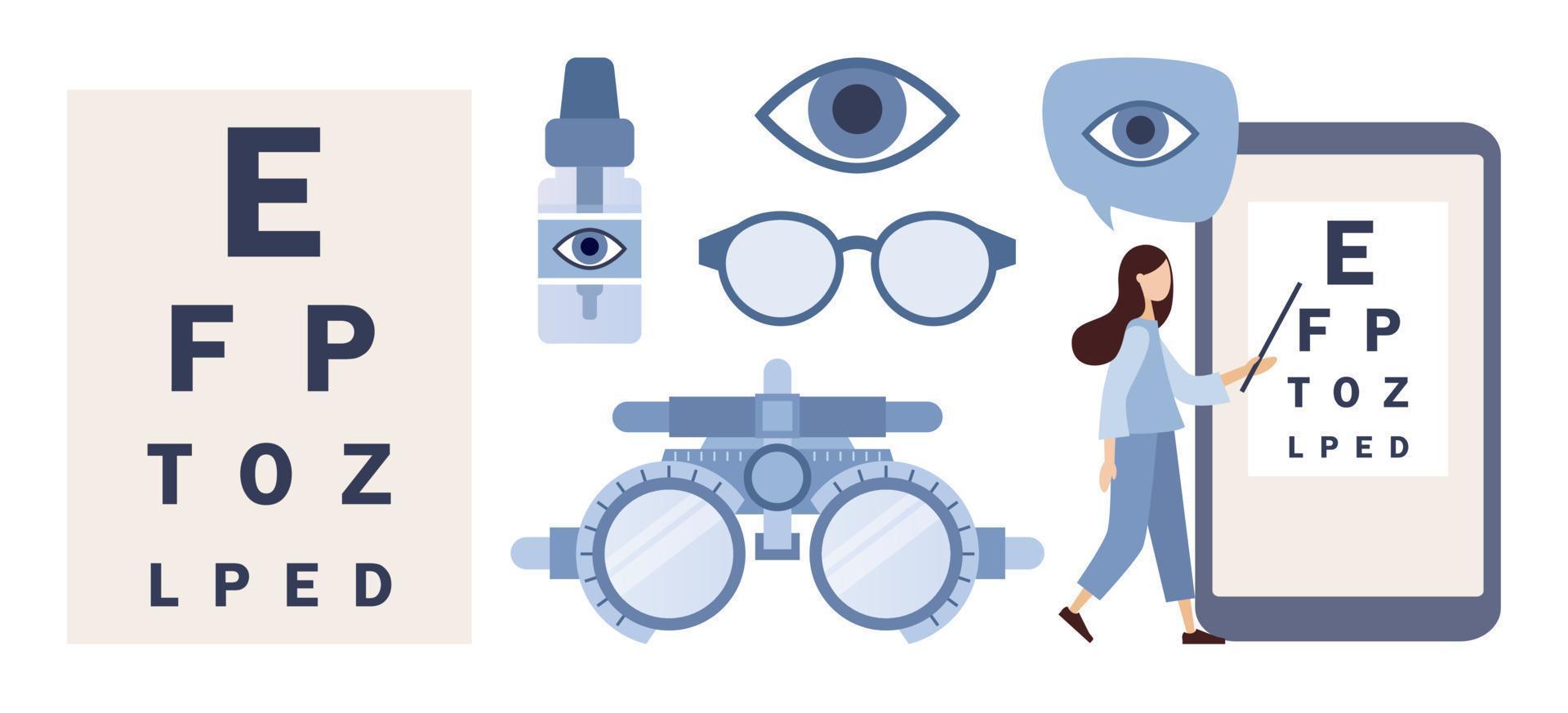 Ophthalmology icon set. Eyesight check and treatment. Trial frame for checking vision, eye drops bottle, glasses. Ophthalmologic equipment. Vector flat illustration