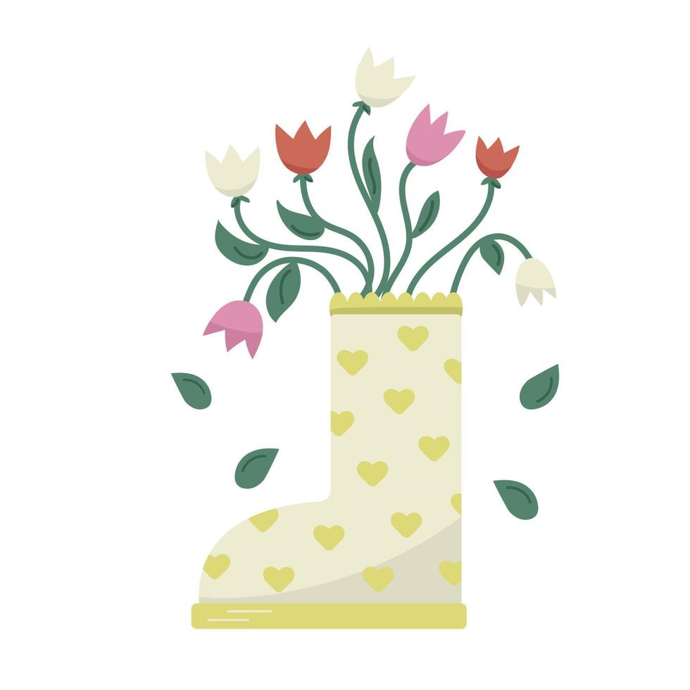 Cute tulips bouquet in yellow boots with hearts. Vector spring romantic card. Garden hand drawn design.