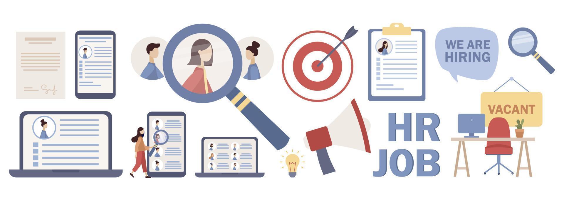Job icon set. We are Hiring. Resume, CV, Job search, Hiring employees, HR, candidate selection concept. Recruitment and headhunting agency. Vector flat illustration