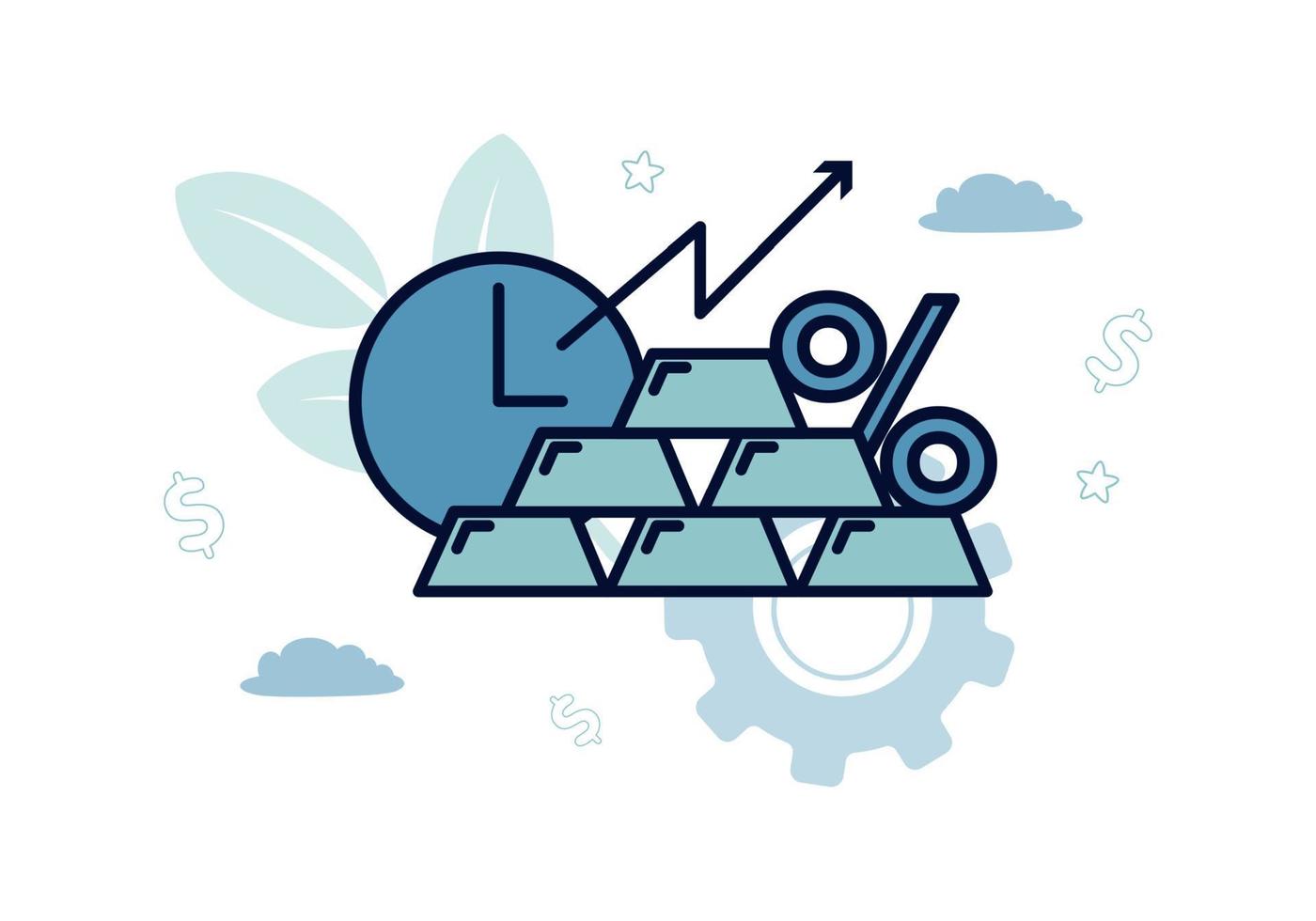 Finance. Deposit in precious metals. The of the gold bar, followed by a percent sign, a clock, a broken up arrow, the inscription deposit in precious metals. Vector illustration