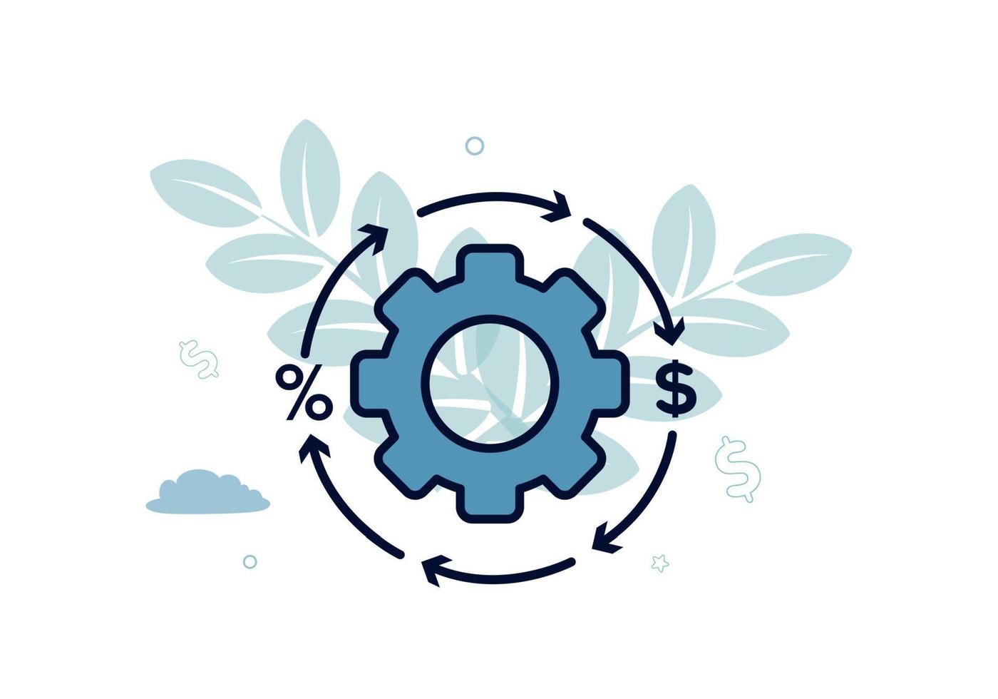 Finance. Debt refinancing. Gear logo, inside a circle of arrows, between which there are percent and dollar signs, the inscription debt refinancing. Vector illustration