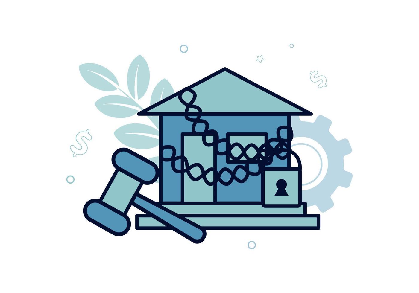 Finance. Foreclosure. House in chains with padlock and hammer next to it, with foreclosure lettering. Vector illustration