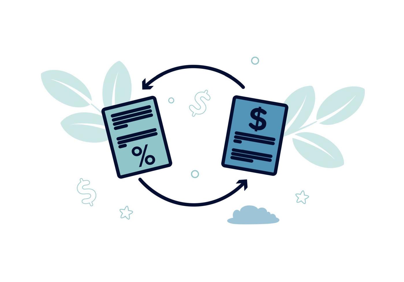 Finance. Debt refinancing. Documents between arrows, with percent and dollar icons, debt refinancing inscription. Vector illustration