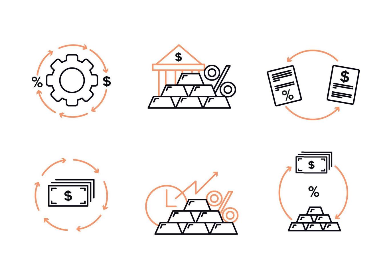 Finance. Vector illustration set of debt refinancing icons, deposits in precious metals