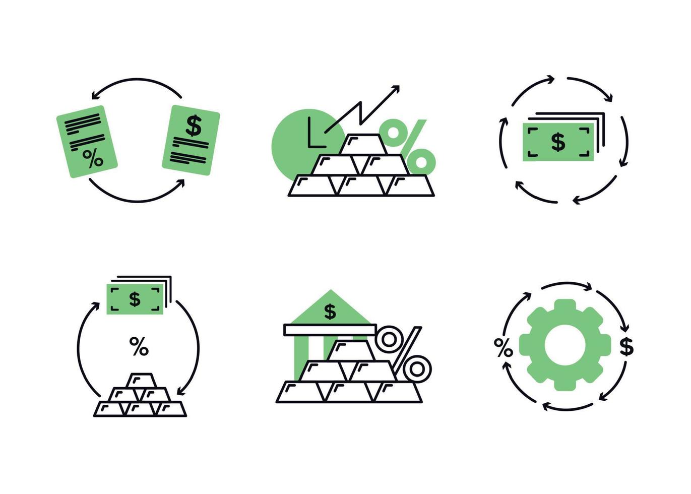 Finance. Vector illustration set of debt refinancing icons, deposits in precious metals