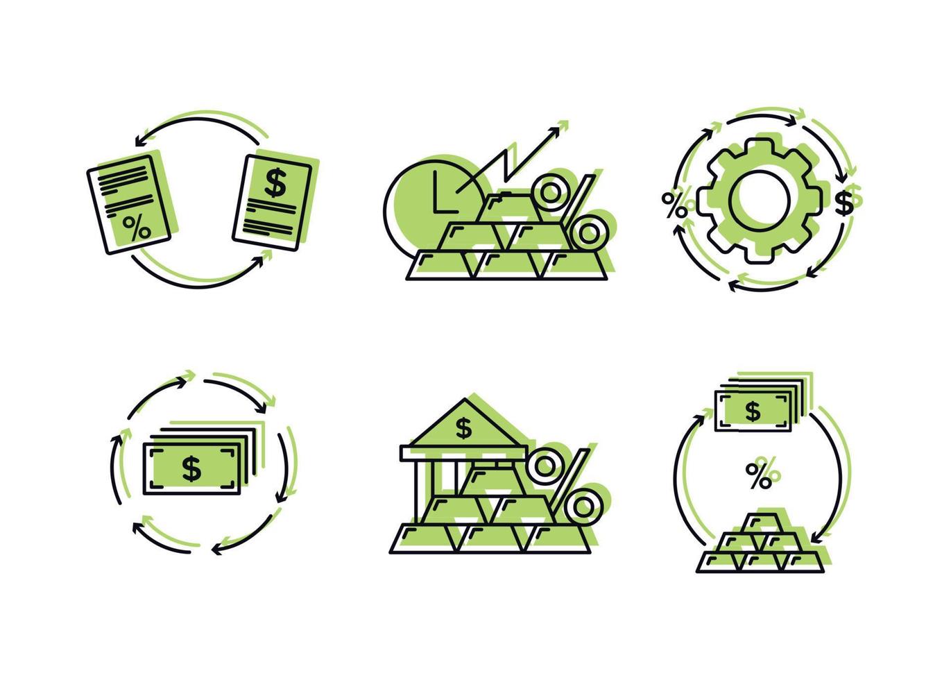 Finance. Vector illustration set of debt refinancing icons, deposits in precious metals