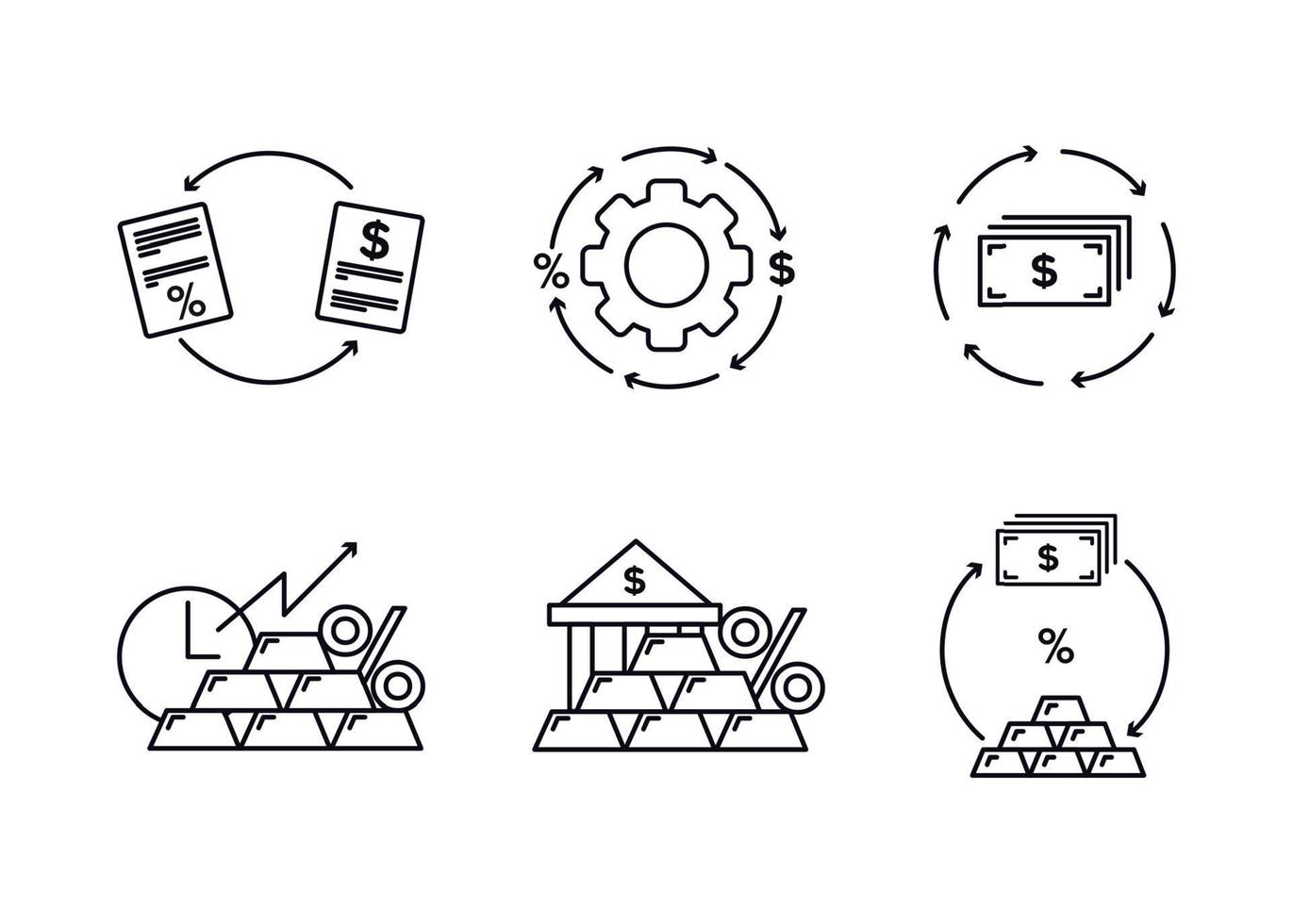 Finance. Vector illustration set of debt refinancing icons, deposits in precious metals